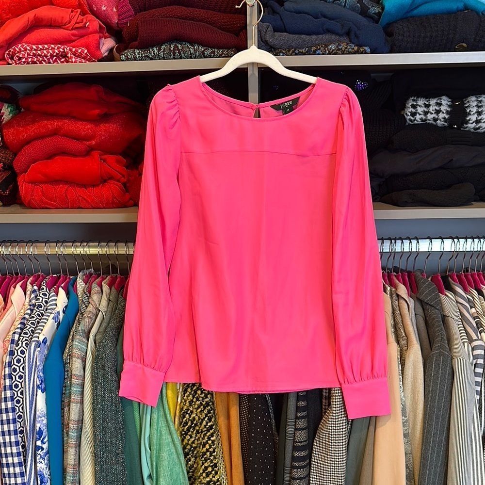 J Crew hot pink long sleeve button back keyhole closure blouse size XS